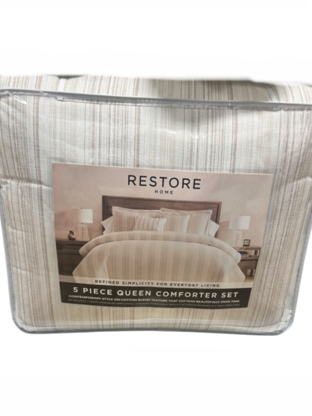 Restore Home Tan and White Queen Comforter Set 5 Pieces New